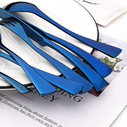 24-Piece Blue Flatware, Mirror 18/10 Stainless Steel Modern & Luxury Dinnerware Set With Serrated