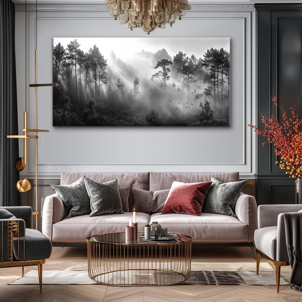 LASMOND Black and White Forest Wall Art for Living Room Modern Canvas Prints Artwork Picture