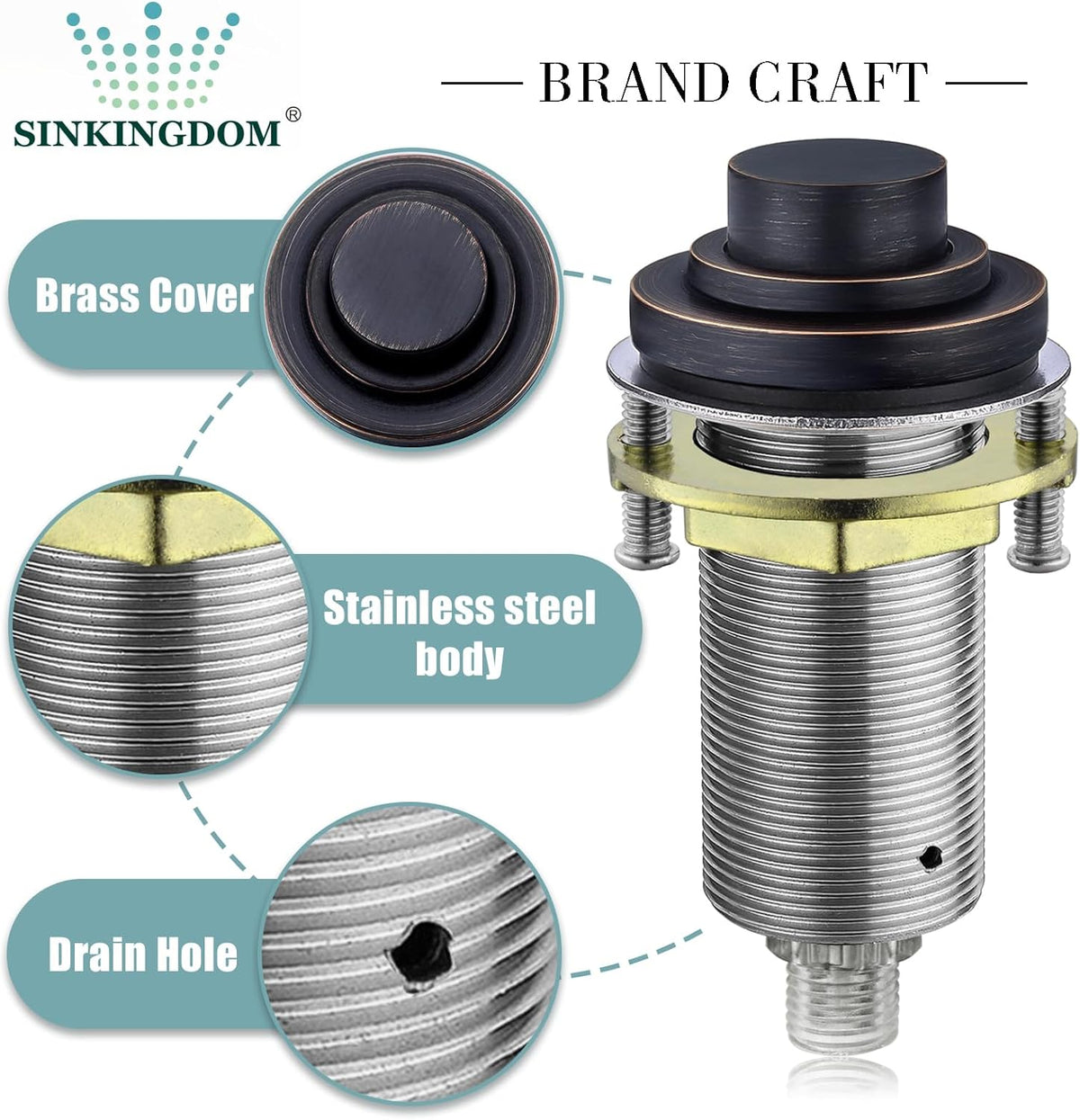 SinkTop Air Switch Kit (Long Full Brass Button) for Disposal, Dual Outlet, (Oil Rubbed Bronze)