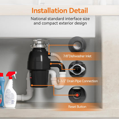 3/4 HP Garbage Disposal, TECASA Food Garbage Disposal with Power Cord, Stainless Steel Grinding