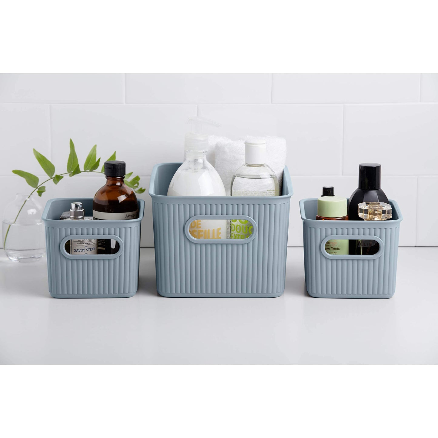 Superio Ribbed Collection - Decorative Plastic Basket Open Home Storage Bins Organizer, Blue (Set