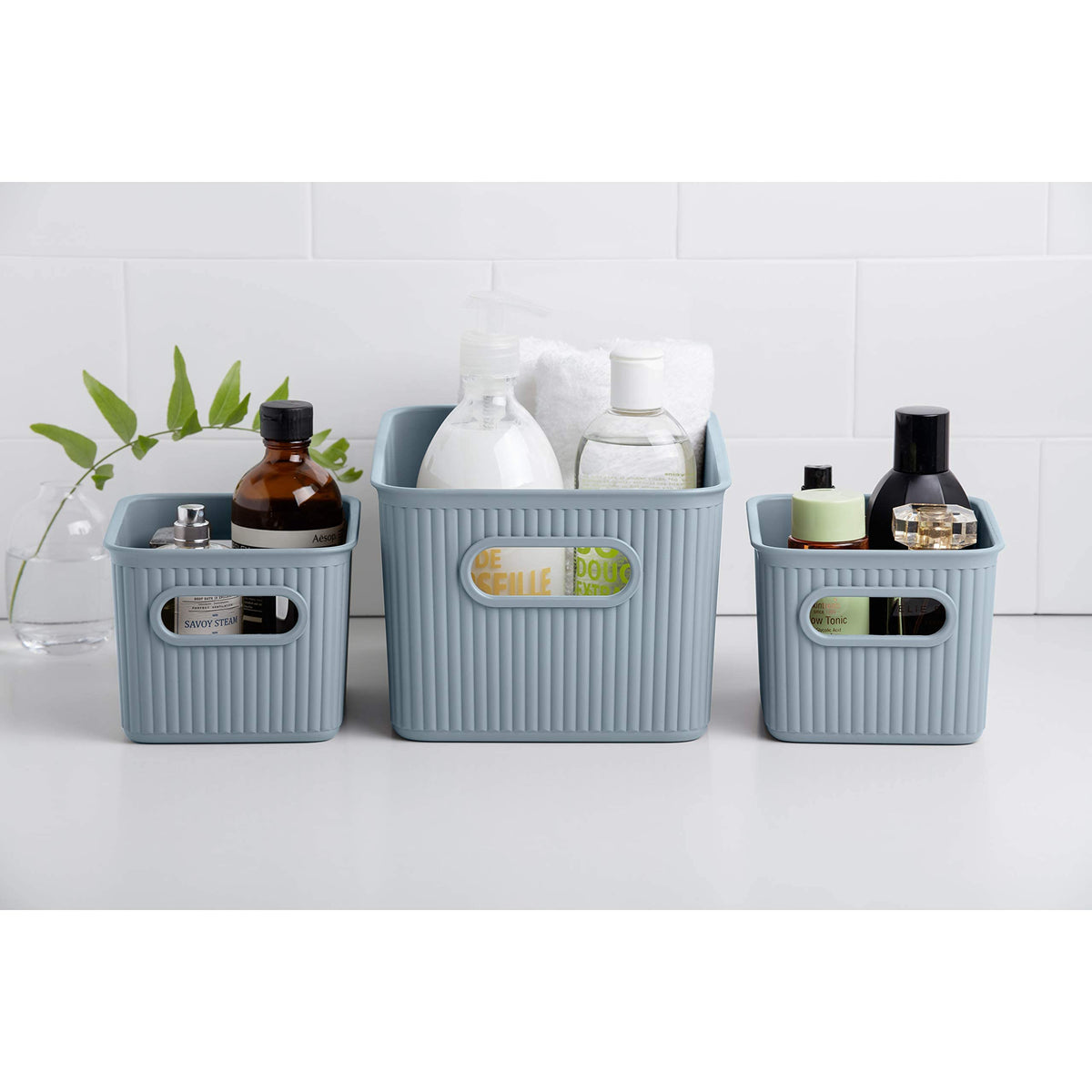 Superio Ribbed Collection - Decorative Plastic Basket Open Home Storage Bins Organizer, Blue (Set