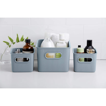 Superio Ribbed Collection - Decorative Plastic Basket Open Home Storage Bins Organizer, Blue (Set