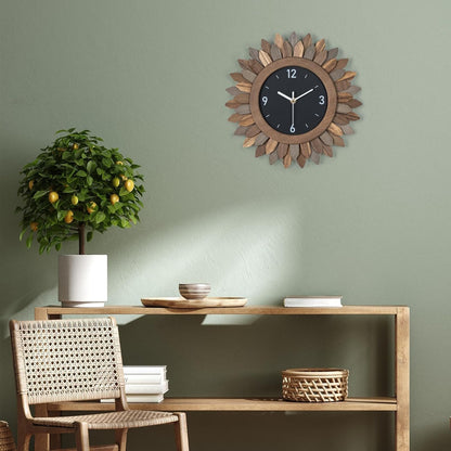 Honiway Wall Clock Battery Operated 12 in Rustic Wood Boho Sunburst Decorative Wall Clock Silent