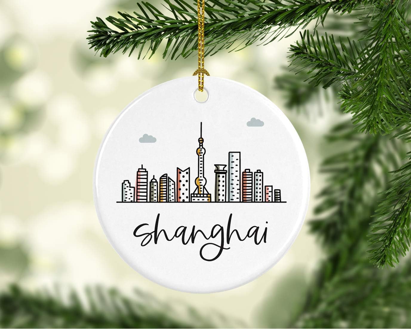 Andaz Press Round Ceramic Porcelain Christmas Tree Ornament Keepsake Gift, Shanghai, Colorful