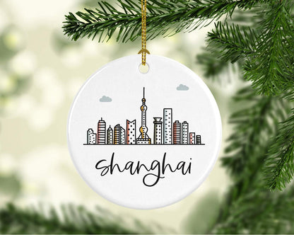 Andaz Press Round Ceramic Porcelain Christmas Tree Ornament Keepsake Gift, Shanghai, Colorful