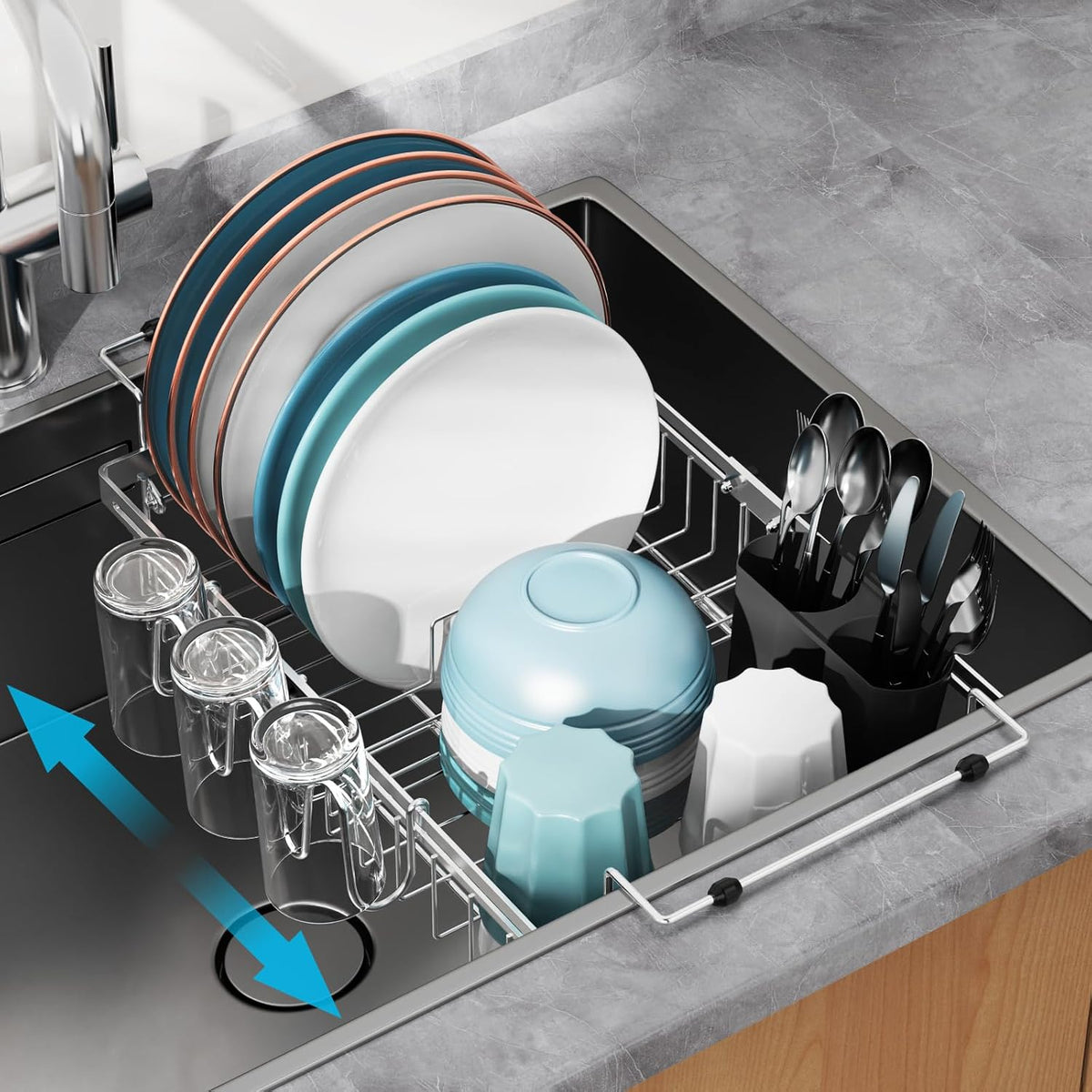 GSlife Expandable in Sink Dish Drying Rack - Capacity Adjustable Stainless Steel Over The Sink Dish