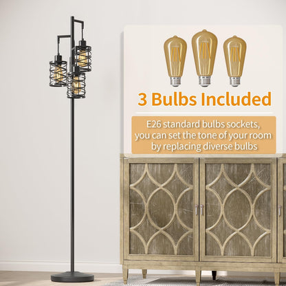Oneach 70" Industrial Floor Lamp, Stepless Dimmable Standing Lamp with 3 Bulbs, Farmhouse Corner