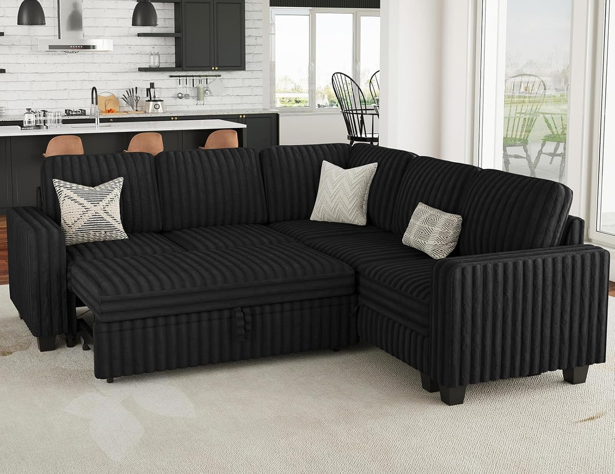Belffin Plush Corduroy Modular Sectional Sofa with Pull Out Bed Convertible Small Sectional Corner