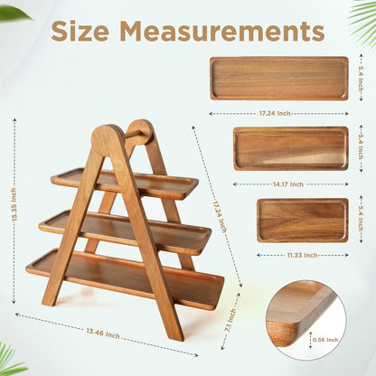 MAJURI 3 Tier Wooden Serving Tray, Set of 2 Tongs Free, Tiered Serving Trays & Platters for Party