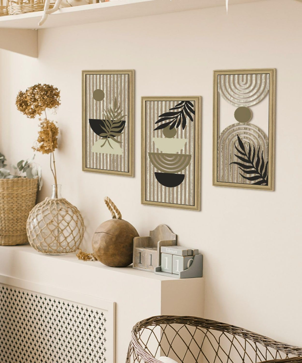 Putuo Decor Boho Abstract Wall Art, Set of 3, Modern Geometric Botanical Wooden Wall Decor