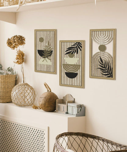 Putuo Decor Boho Abstract Wall Art, Set of 3, Modern Geometric Botanical Wooden Wall Decor