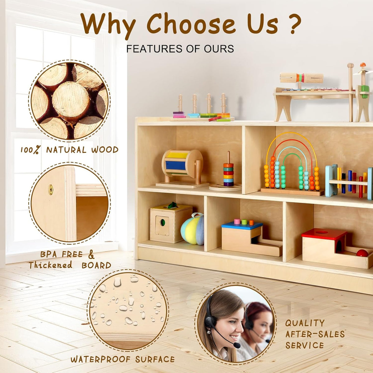 wingyz Wooden Storage Cabinet, 5-Section Montessori Bookshelf, Kids Toy Storage Organizer Book