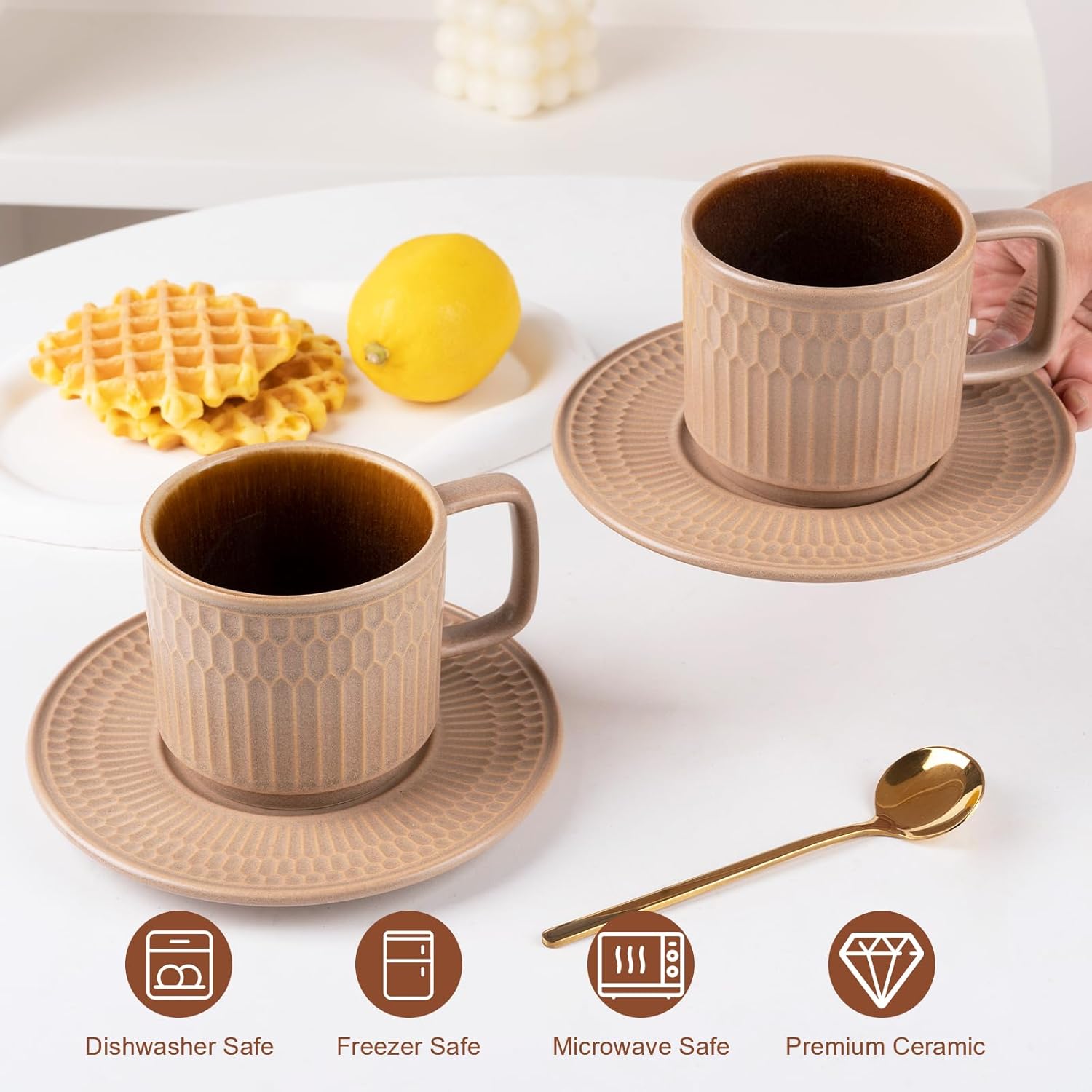 Large Cappuccino Cups with Saucers Set of 4, 8 Ounce Stackable Embossed Ceramic Coffee Mugs for