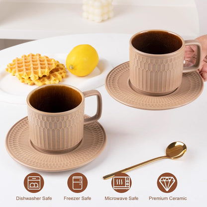 Large Cappuccino Cups with Saucers Set of 4, 8 Ounce Stackable Embossed Ceramic Coffee Mugs for