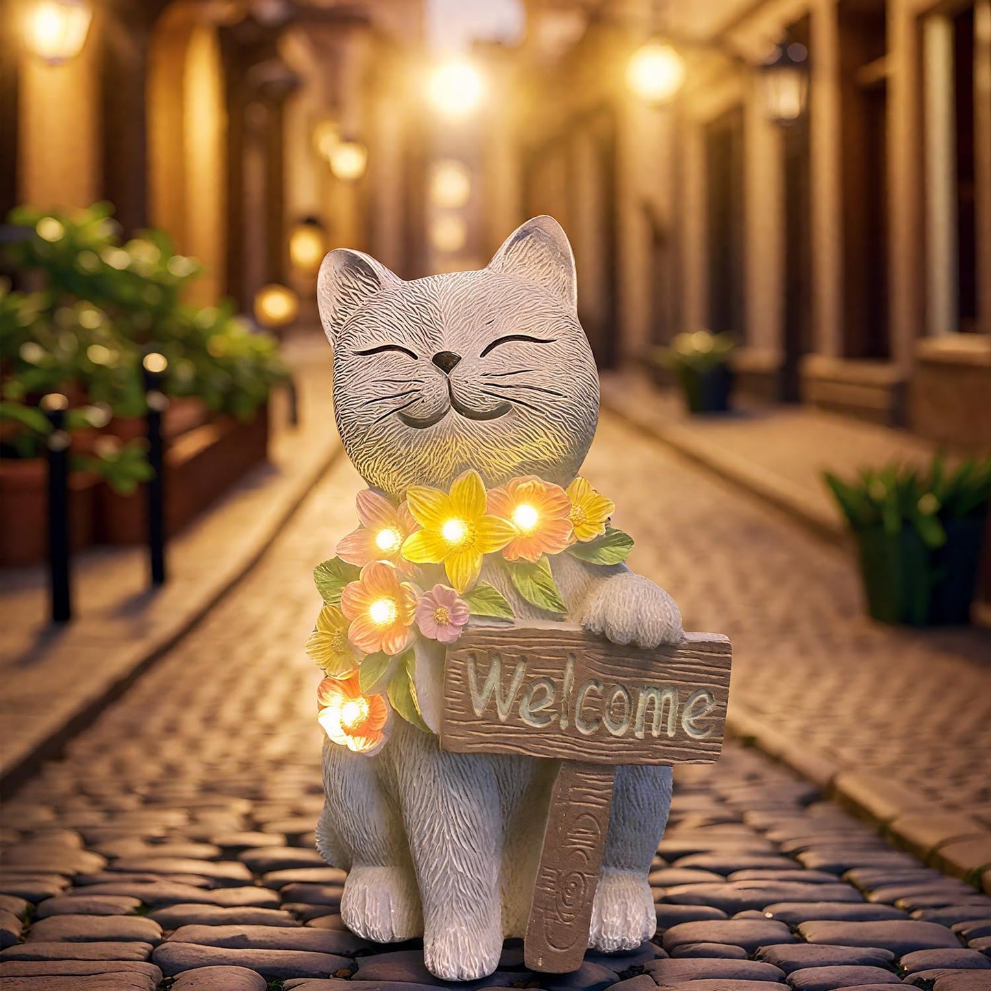 Solar Cat Garden Statue for Outdoor Decor, Cat Solar Light with Flowers, Resin Welcome Cats for