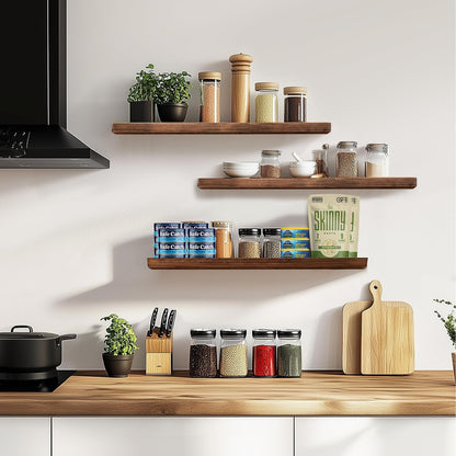 Floating Wall Shelves 3-Pack - 24-Inch Rustic Brown Wooden Shelves for Storage and Décor, Easy