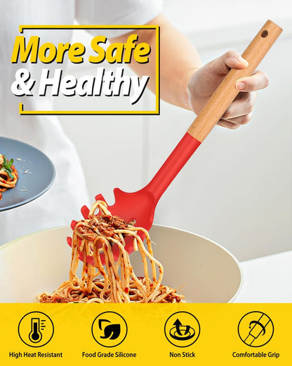Silicone Pasta Fork and Ladle Spoon Set with Wooden Handle, Heat Resistant Non Stick Kitchen