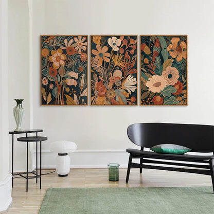 Tinonedraw Vintage Burnt Orange Floral Framed Canvas Wall Art Set of 3, Boho Chic Flower Artwork