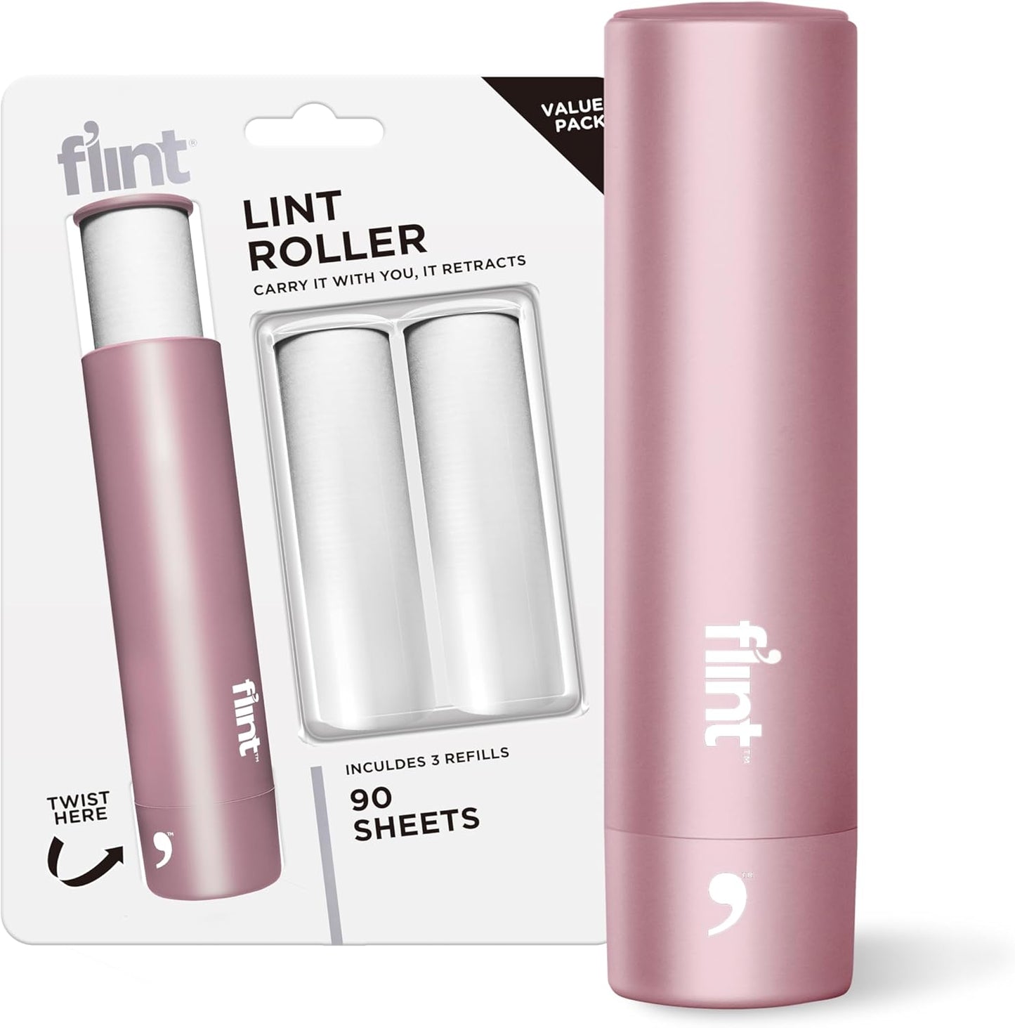 Flint Rose Gold Retractable Mini Lint Roller with 90 Extra Sticky Sheets, Small and Portable Lint