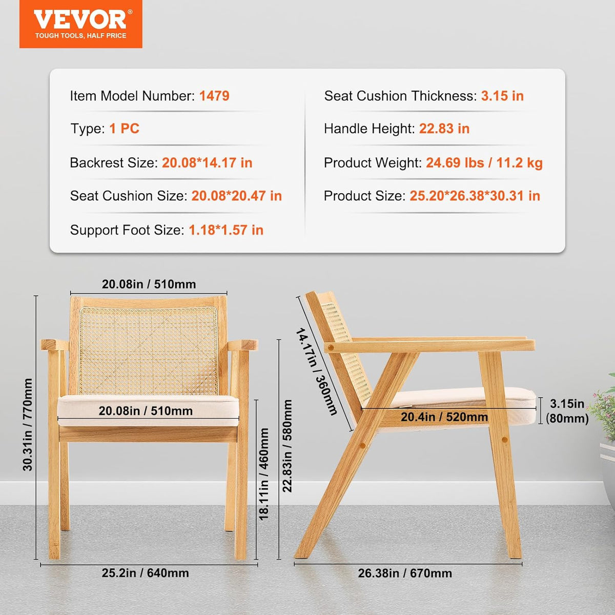 VEVOR Mid Century Modern Rattan Chair, Upholstered Velvet Accent Chair with Rattan Back, Retro