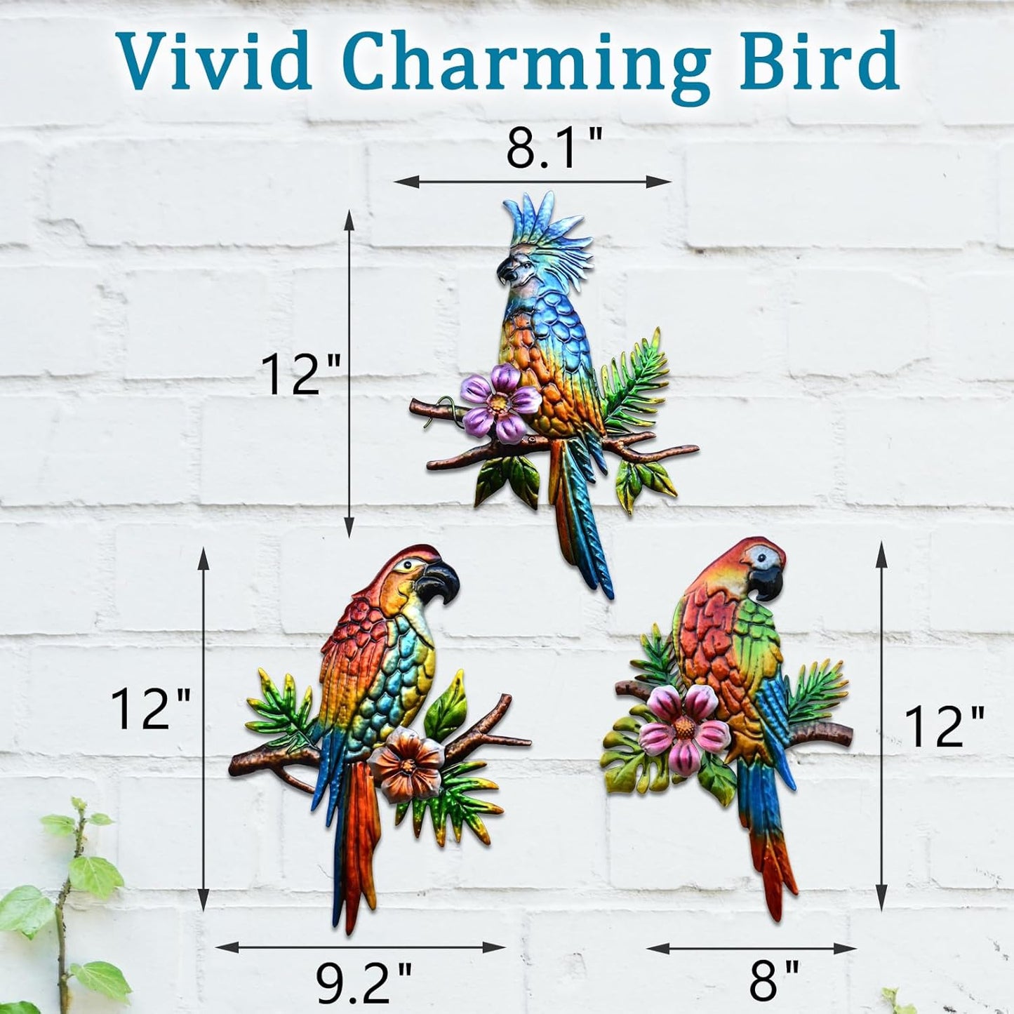 J-Fly Parrot Tropical Wall Art Decor - 3 Hanging Sculptures, Metal, 12" x 8.5", Indoor Kitchen