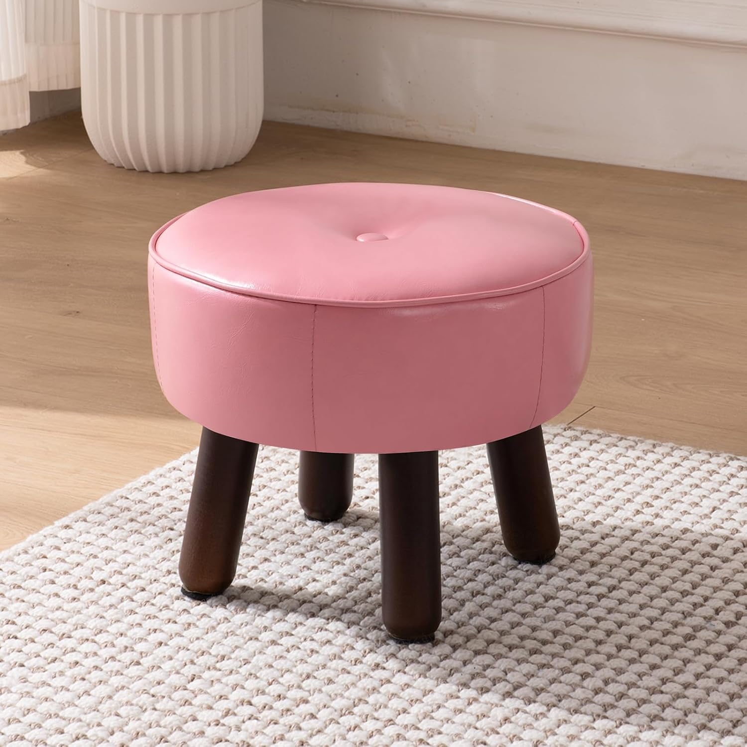 Small Foot Stool Round Pouf Ottoman, 13'' Leather Foot Rest with Non-Skid Rubber Legs, Foolstool
