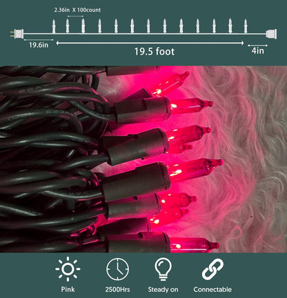 HISHINY Christmas Lights 100 Count Pink Christmas Tree String Lights with Green Wire for Outdoor