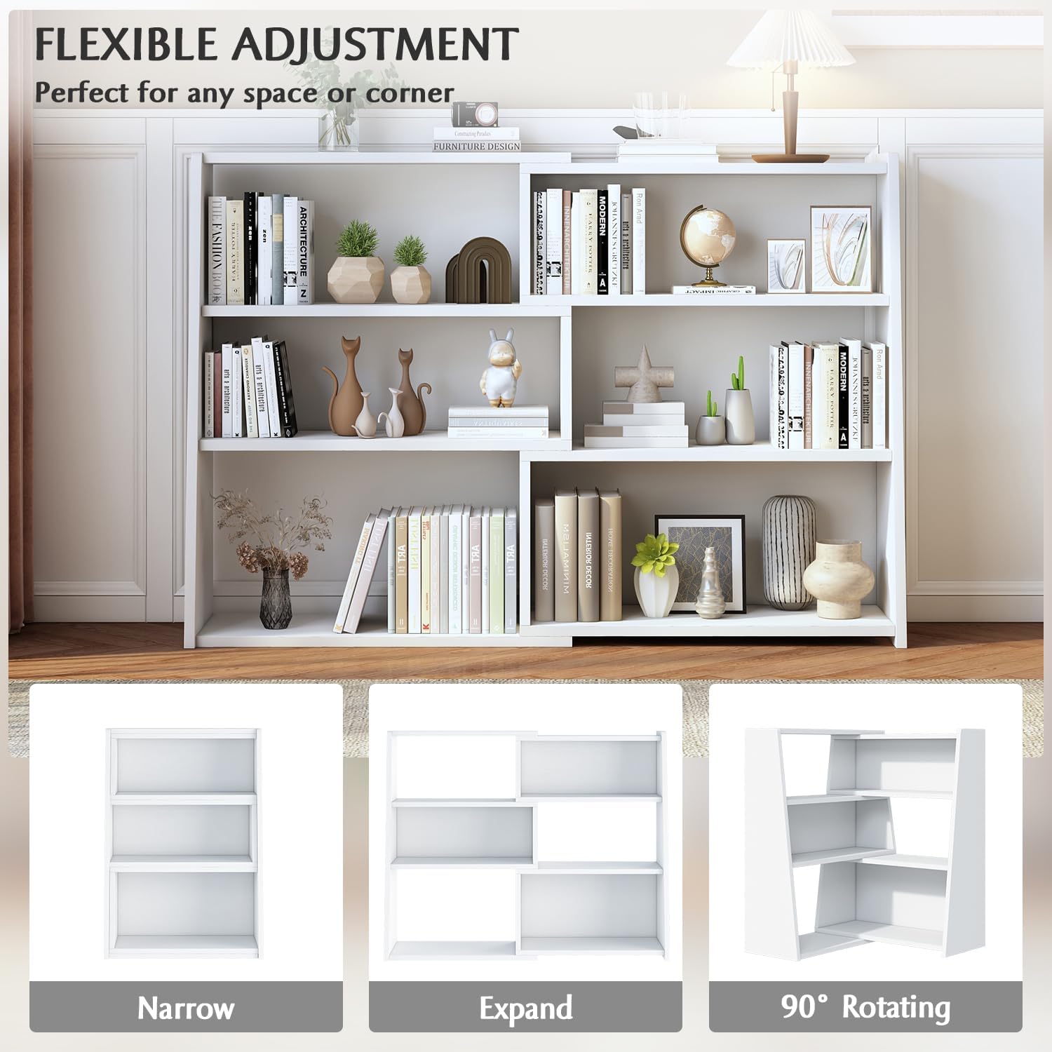 IOTXY Wooden Extendable Shelf Bookcase - 3-Tier Ladder Low Short Bookshelf for Small Space or