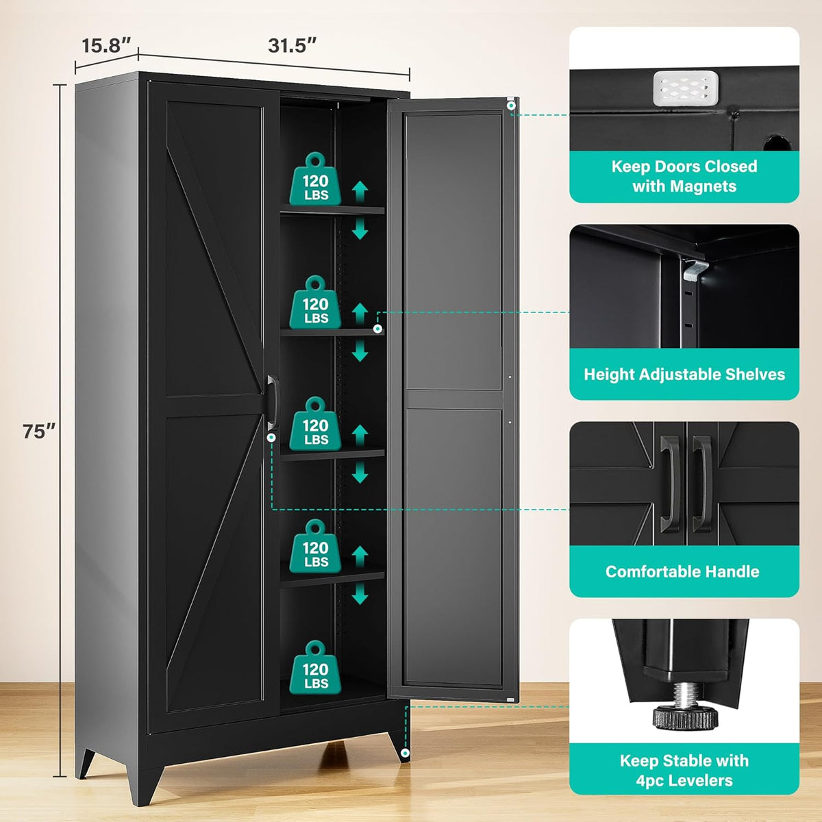 75" Tall Pantry Cabinet,Farmhouse Kitchen Pantry Storage Cabinets with 2 Doors and 5 Shelves,Black