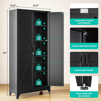 75" Tall Pantry Cabinet,Farmhouse Kitchen Pantry Storage Cabinets with 2 Doors and 5 Shelves,Black