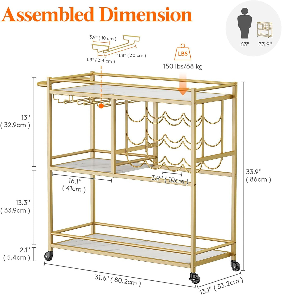 Lifewit Bar Cart for The Home, 3 Tier Drink Cart with Lockable Wheels, 12 Wine Rack and 3 Rows