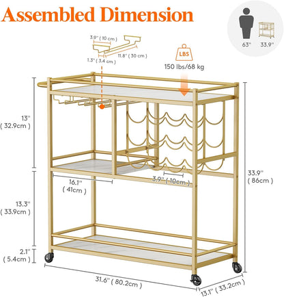 Lifewit Bar Cart for The Home, 3 Tier Drink Cart with Lockable Wheels, 12 Wine Rack and 3 Rows