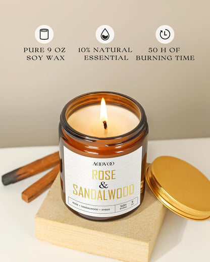 AOOVOO Rose Sandalwood Candles - 9 oz Scented Candles, Aromatherapy Candle, Soy Candle for Home