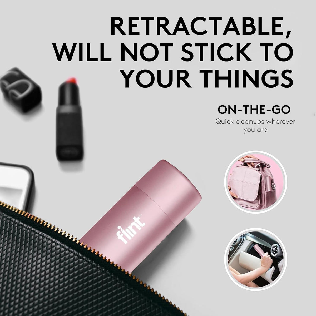Flint Rose Gold Retractable Mini Lint Roller with 90 Extra Sticky Sheets, Small and Portable Lint