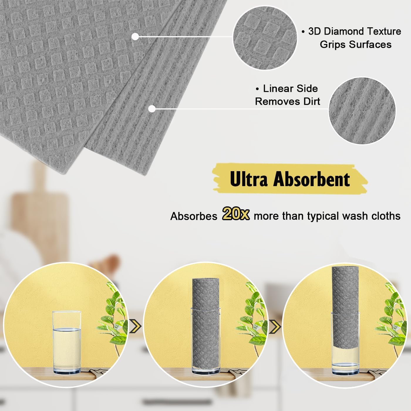 Swedish Dishcloths for Kitchen | 10 Pack Absorbent Cellulose Sponge Cloths Washable | Non-Scratch