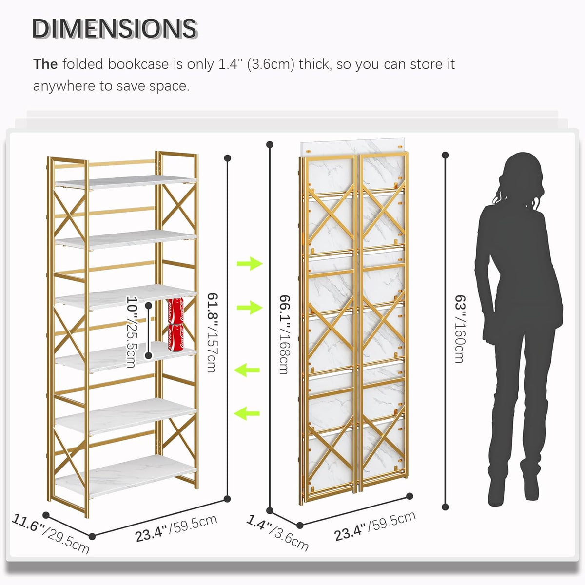 4NM 6 Tiers No Assembly Book Shelves, 61.8" H Folding Bookshelf Bookcase Open Industrial Foldable