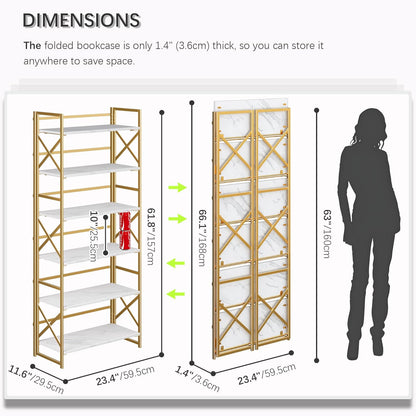 4NM 6 Tiers No Assembly Book Shelves, 61.8" H Folding Bookshelf Bookcase Open Industrial Foldable