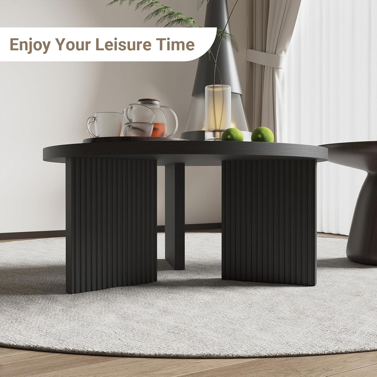 Wooden Round Coffee Table, 35" Coffee Table with Smooth Thick Mesa, Low Circle Center Table with X