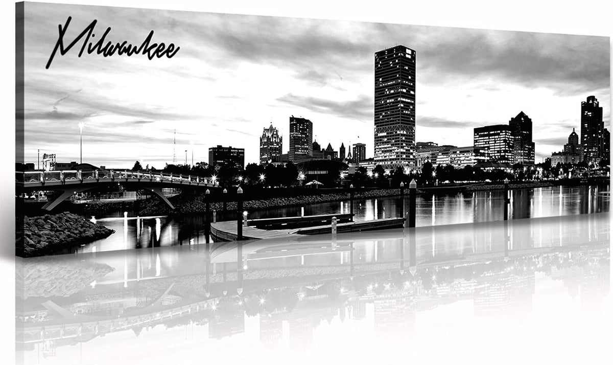 DJSYLIFE Milwaukee Skyline Wall Art Black and White Stretched Canvas Wall Art Prints for Bedroom or