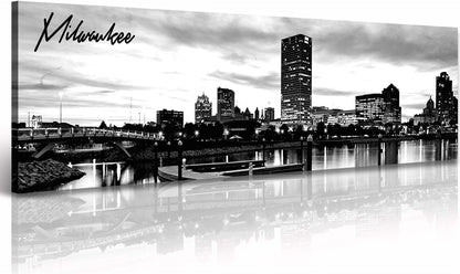 DJSYLIFE Milwaukee Skyline Wall Art Black and White Stretched Canvas Wall Art Prints for Bedroom or