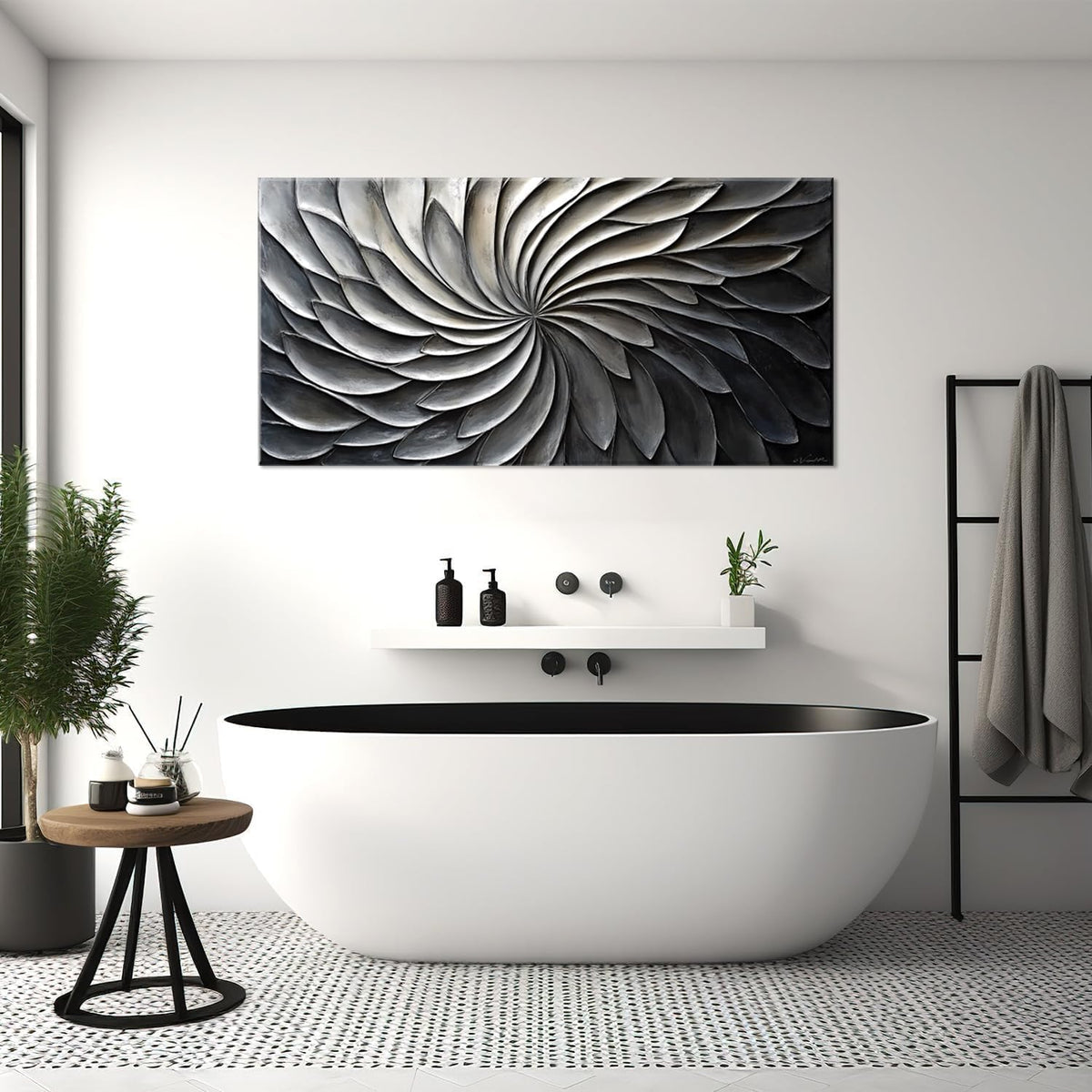 LASMOND Abstract Black and White Wall Art for Living Room Modern Canvas Print Painting Lines Flower