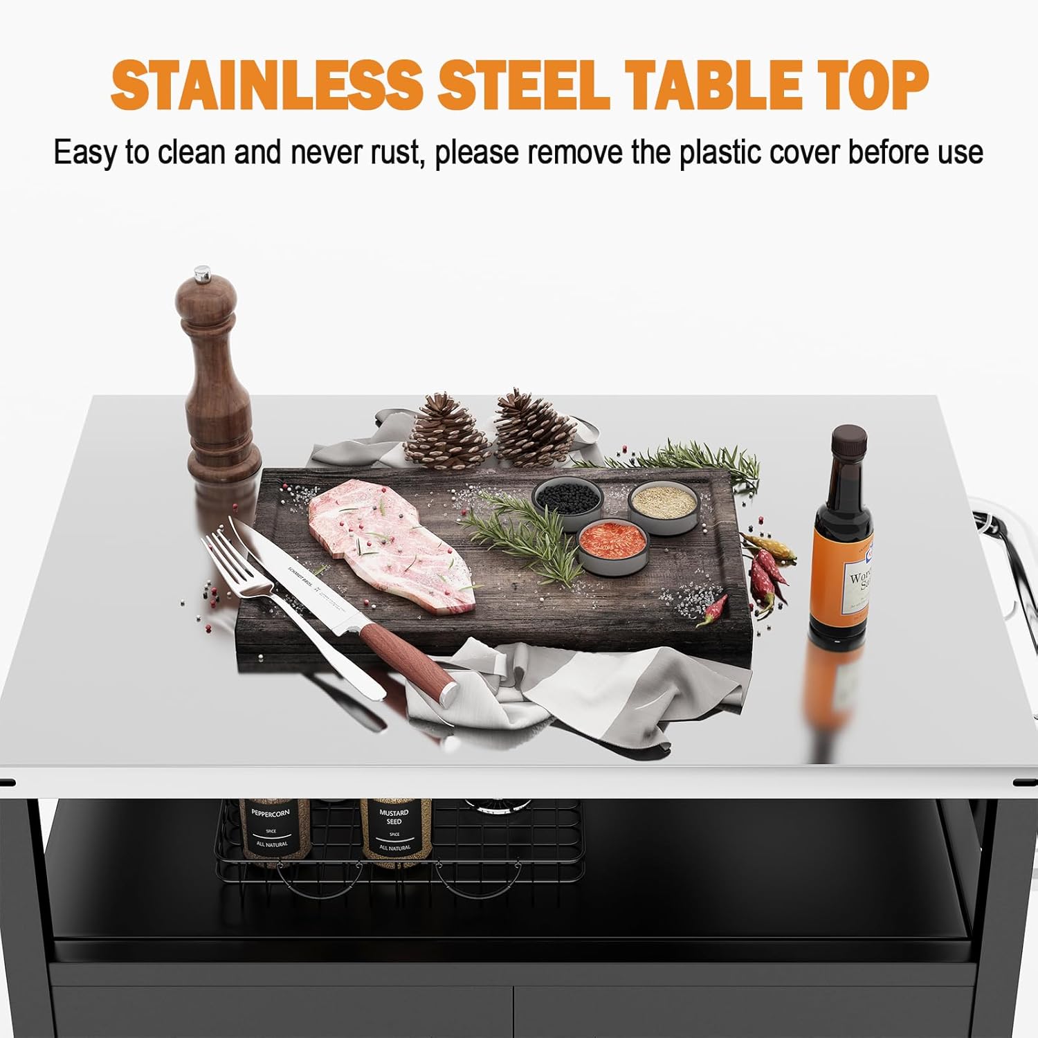 Outdoor Grill Cart with Storage Cabinet Stainless Steel Prep Stand with Storage Cabinet and Wheels