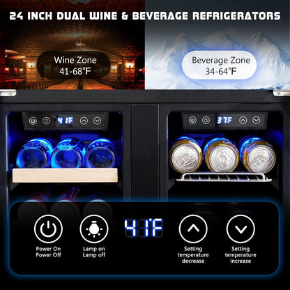 Albott Beverage Refrigerator - 24-Inch Dual Zone Cooler with Glass Door, Freestanding/Under Counter