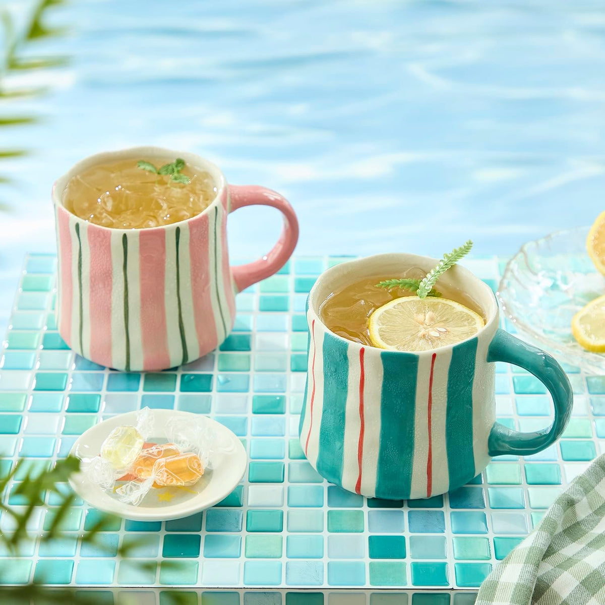 Striped Ceramic Coffee Mugs Set - 2 Pack, Pink & Green，Perfect for Morning Brew or Tea and Cocoa