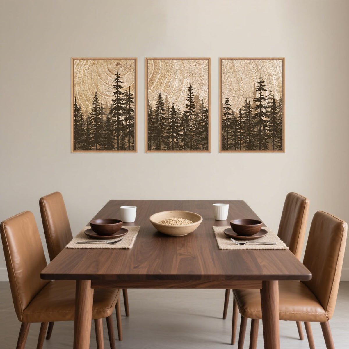Celestdeco Pine Tree Framed Canvas Wall Art Set, Natural Woodland Landscape Wall Decor, Large Retro
