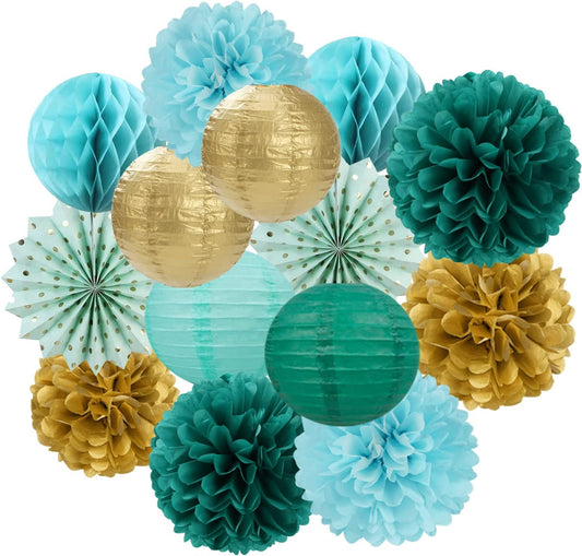 Sage-Green Teal-Blue Party-Decorations Streamers Lanterns - 14pcs Rustic Wedding Baby Shower Paper
