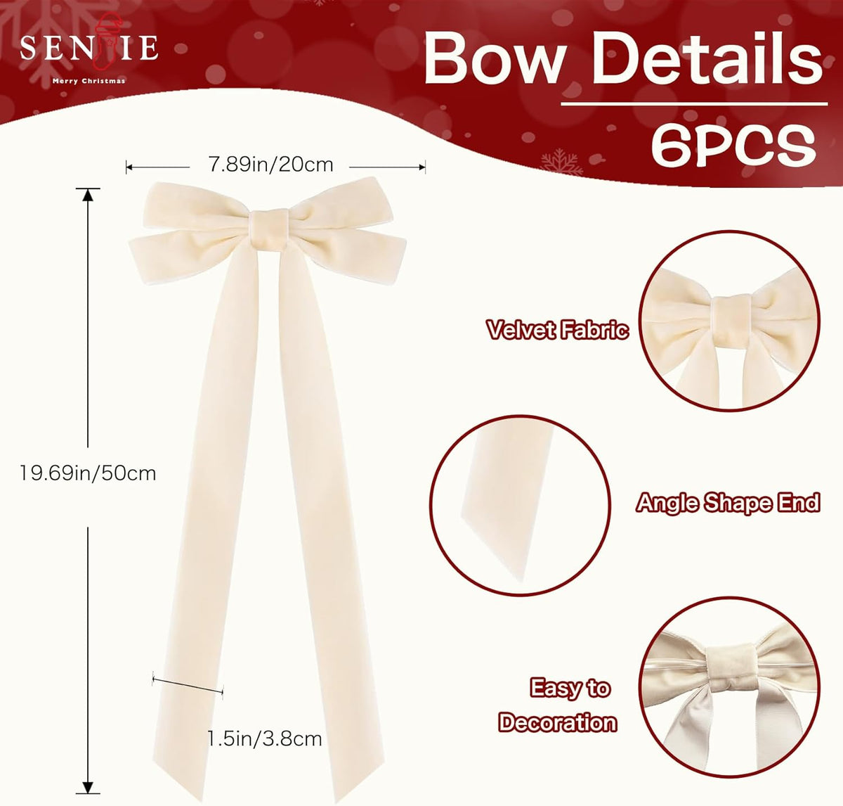 Senjie Velvet Large Christmas Bows for Staircase Garland Wreath, 20in x 8in Vintage Ribbon Bows