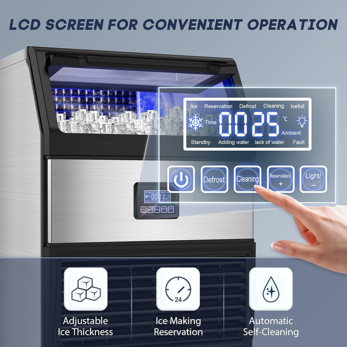 Commercial Ice Maker Machine 300LBS/24H with 75LBS Storage Bin, Stainless Steel