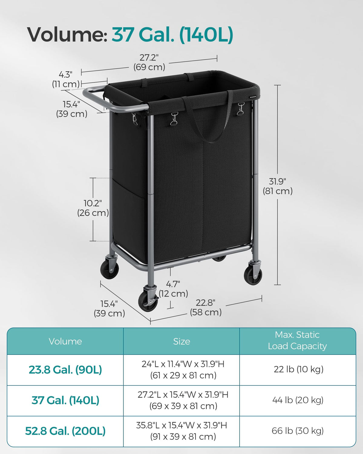 SONGMICS Laundry Basket with Wheels, 2-Section Rolling Laundry Hamper, 37 Gallons (140 L)